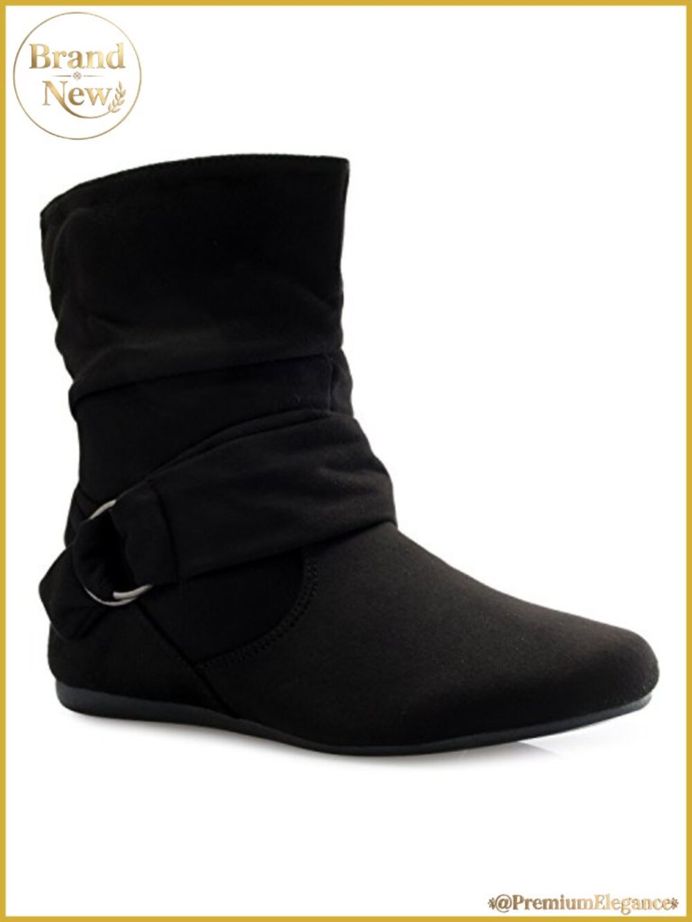 Womens Low Heel Suede Slouch Slip On Ankle Boots with Buckle and Side Zipper